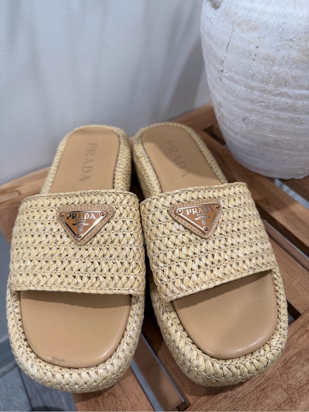 Prada Beige Woven Slide Sandals